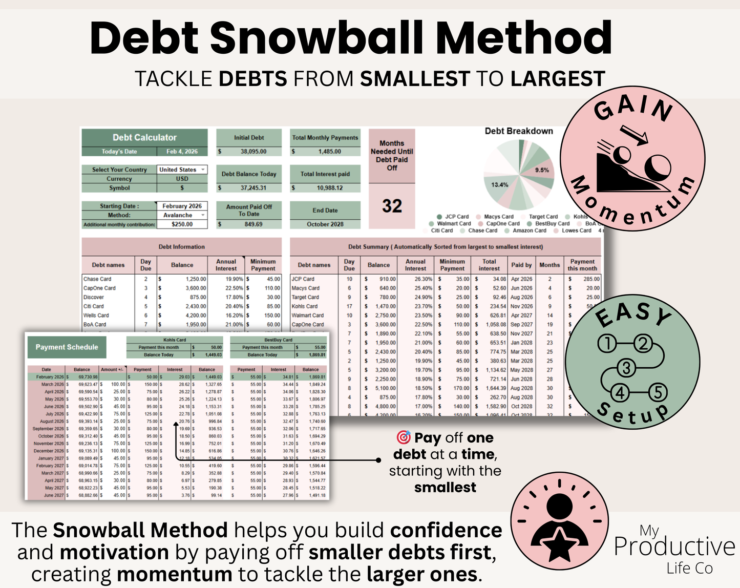 Debt Snowball / Avalanche Calculator Spreadsheet Google Sheets and Excel Template