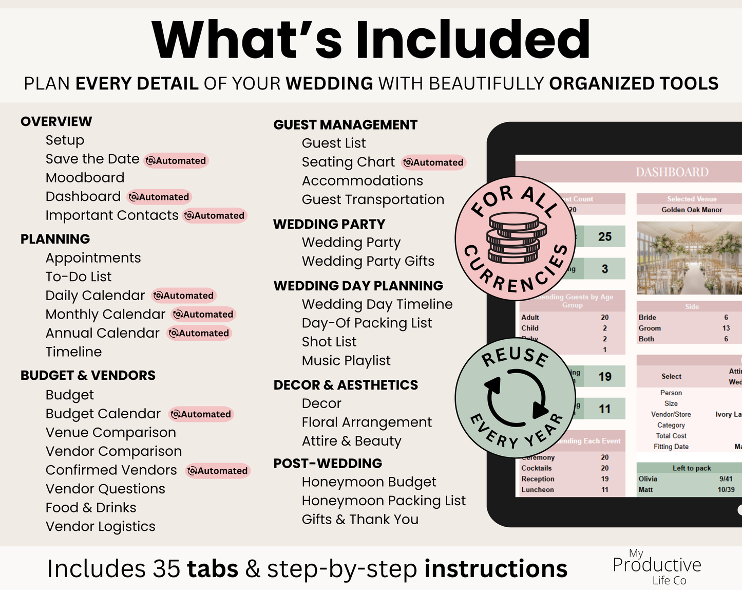 Ultimate Wedding Planner Spreadsheet: Budget, Guest List, Vendors, Timeline (Google Sheets, Excel)