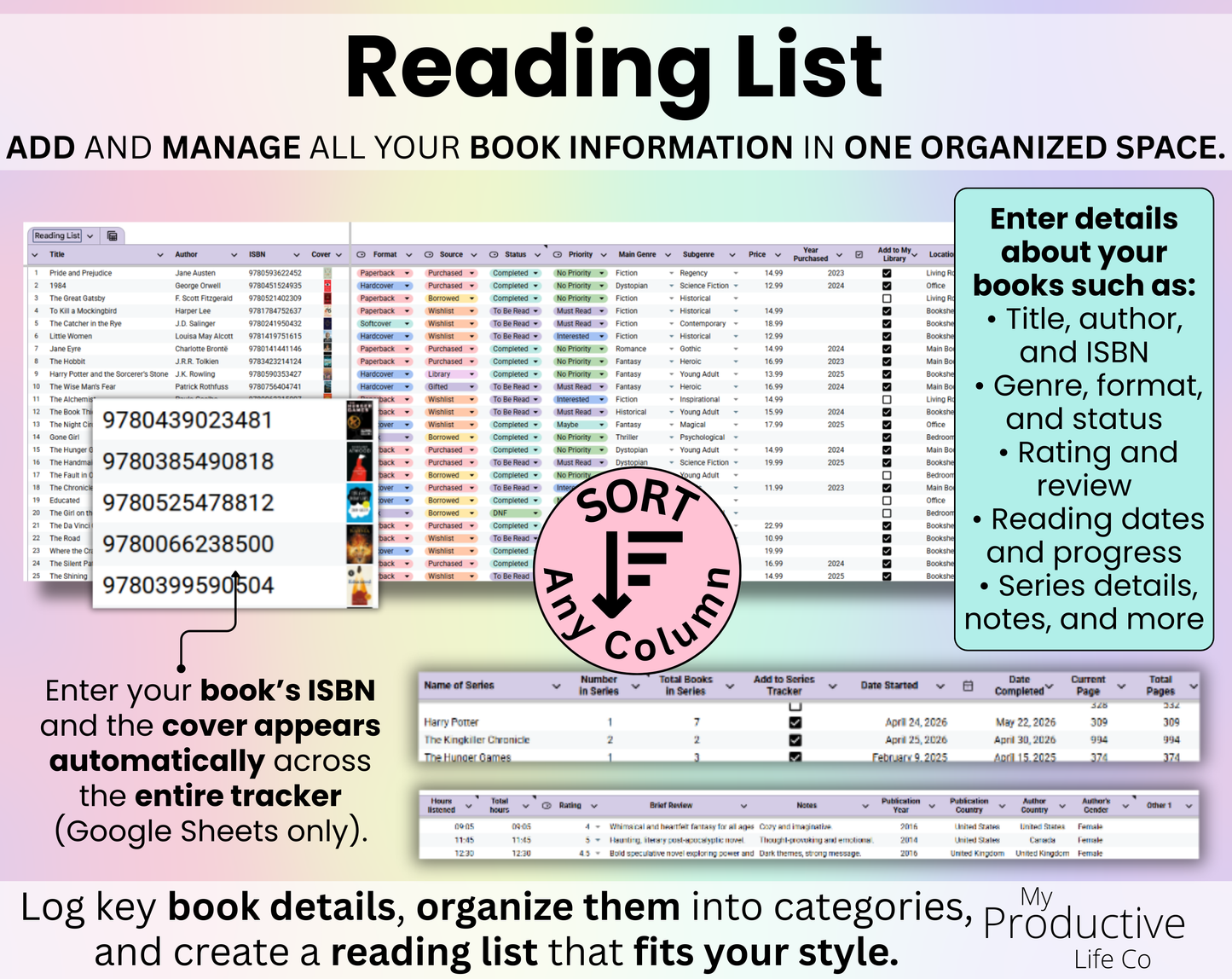 Book Tracker & Reading List Spreadsheet Google Sheets and Excel Book Template
