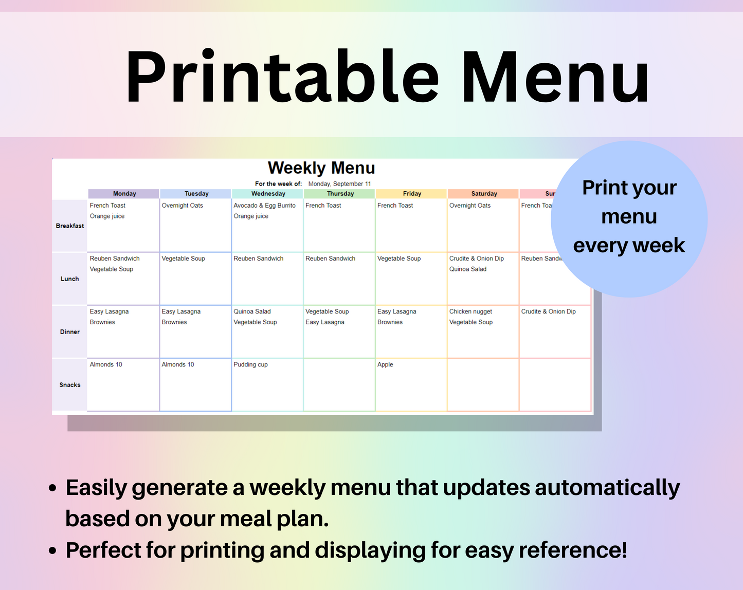 Weekly Meal Planner Spreadsheet Google Sheets and Excel Template