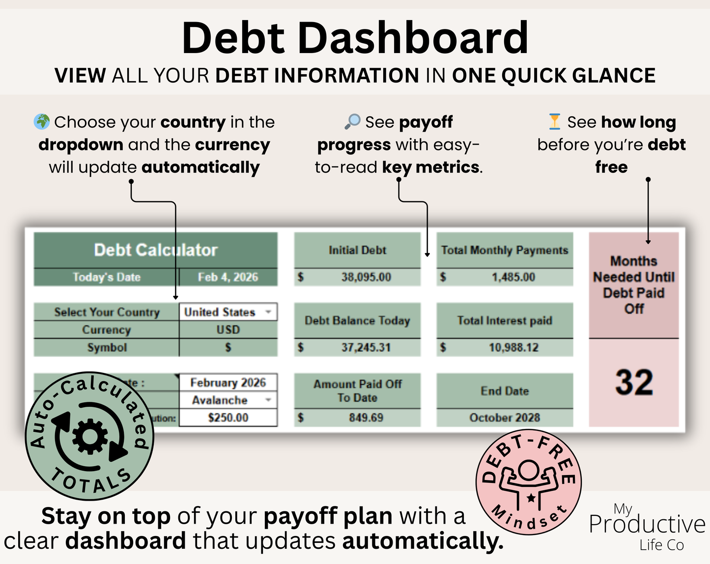 Debt Snowball / Avalanche Calculator Spreadsheet Google Sheets and Excel Template