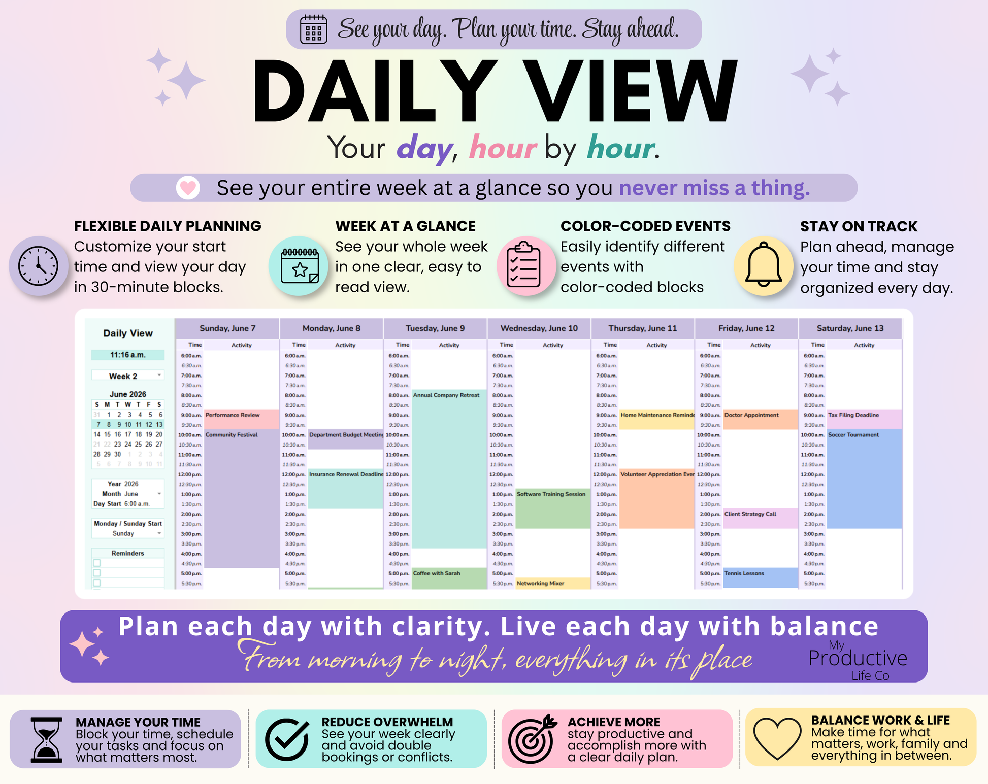 Daily View layout showing events displayed in 30-minute time blocks with a customizable start time. Includes event schedule, goals section and daily planning features.