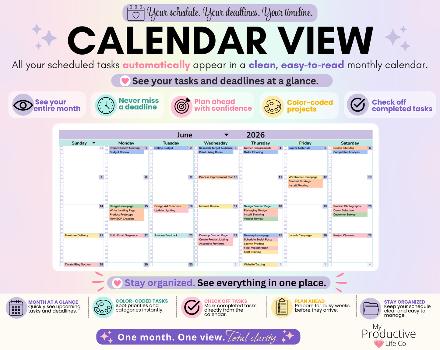 Monthly calendar planner showing scheduled projects, tasks, deadlines, color-coded events, completed items, and project timelines in a clean visual calendar layout for easy project planning and organization.