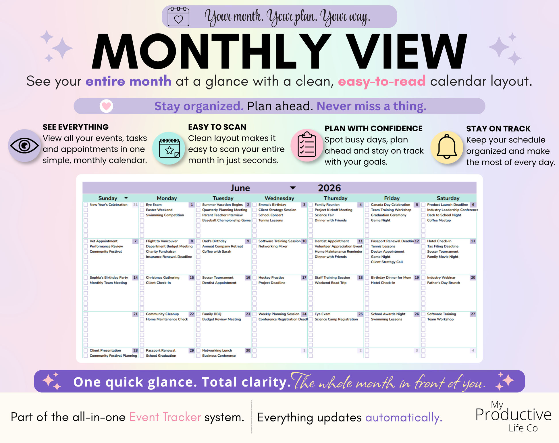 Monthly calendar showing color-coded events across an entire month. Highlights monthly planning, event visibility and seeing upcoming events at a glance.