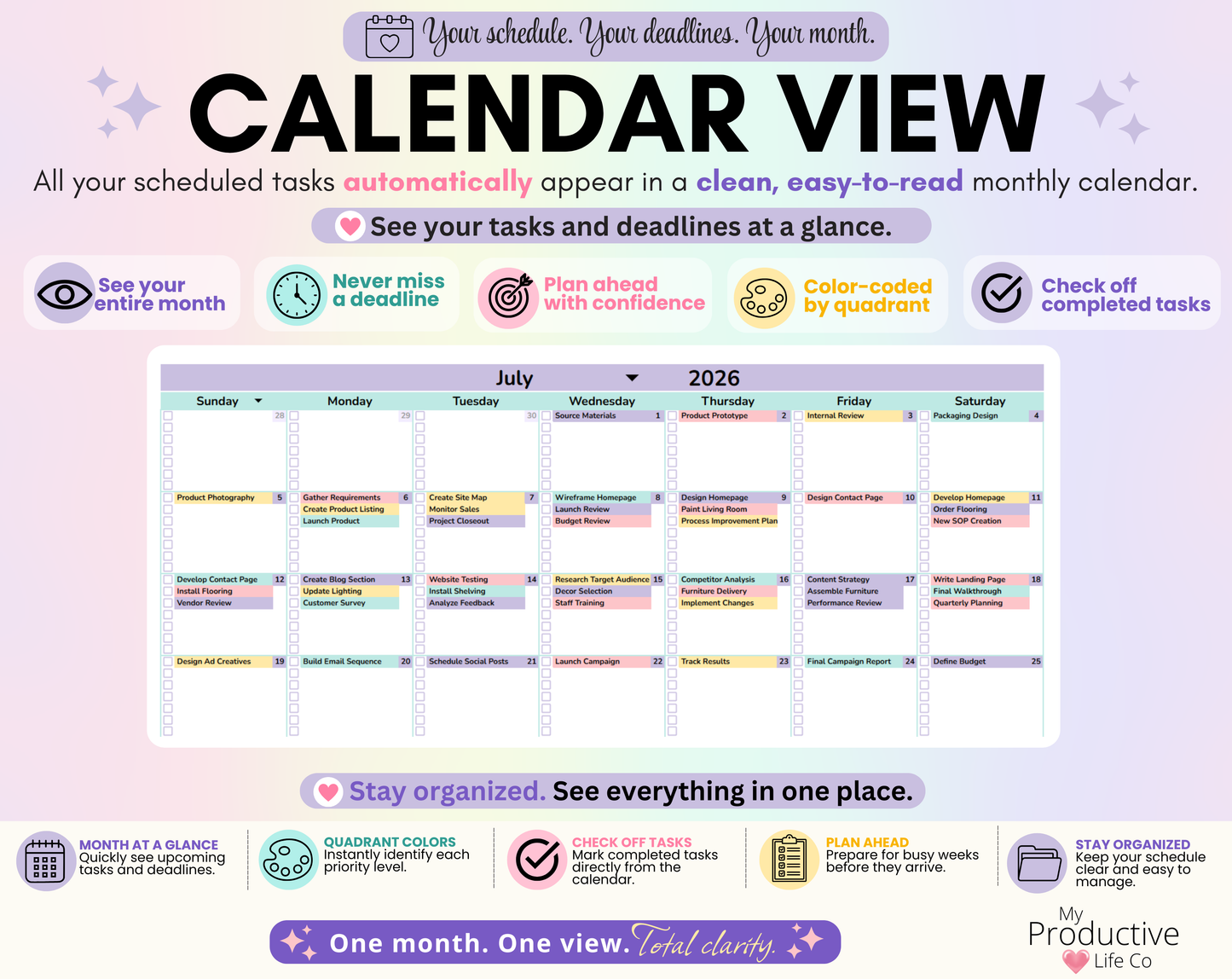 Monthly calendar automatically displaying scheduled tasks color-coded by Eisenhower Matrix quadrant, making it easy to see deadlines, priorities, and upcoming work at a glance.