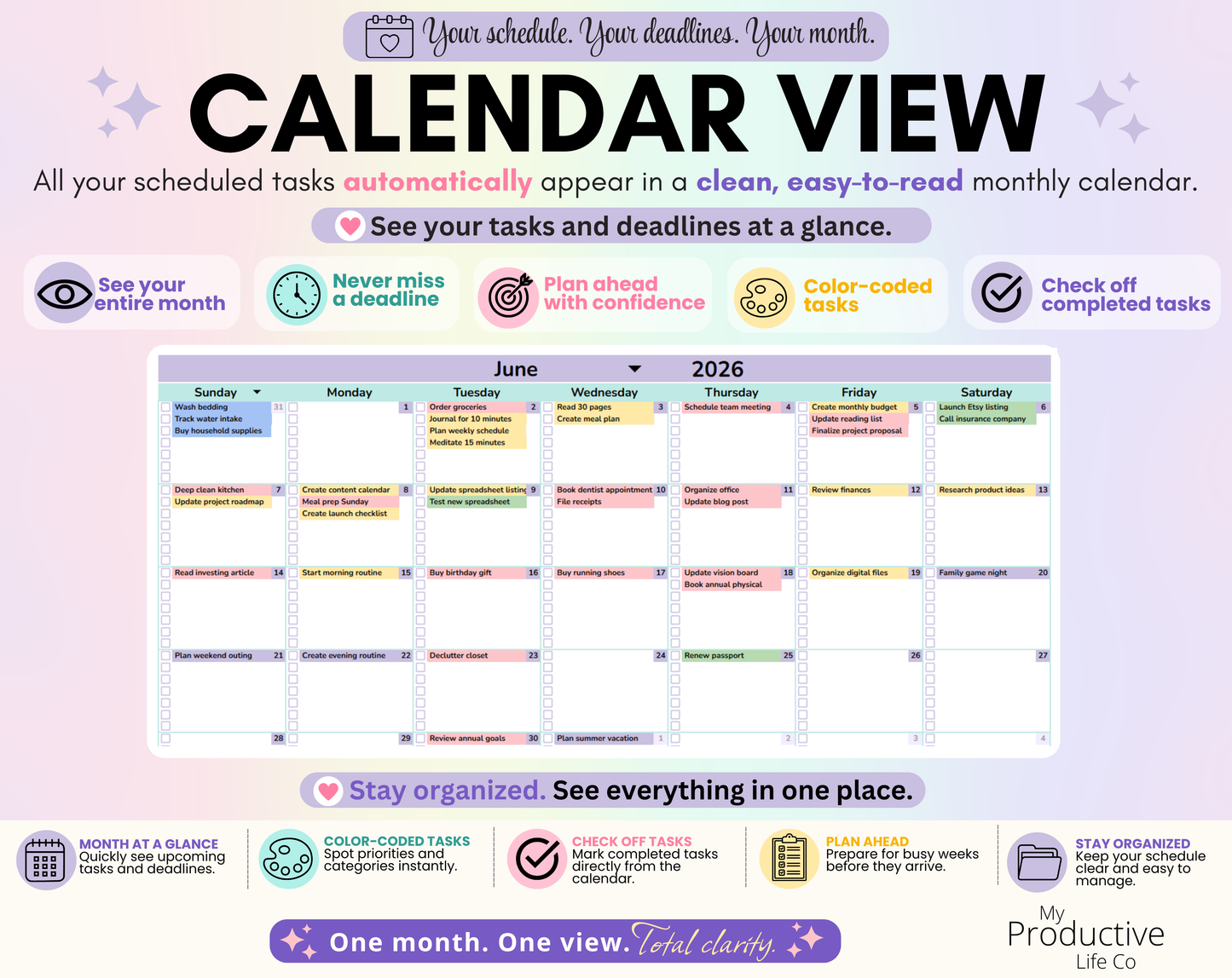 Monthly Calendar View displaying color-coded tasks, deadlines, appointments, and scheduled activities in an easy-to-read calendar layout. Tasks update automatically from the Master Task List, making it easy to plan ahead and stay organized.