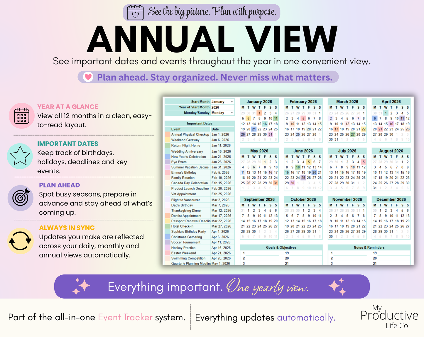 Annual calendar displaying all 12 months in one view. Highlights tracking birthdays, holidays, appointments and important dates throughout the year.