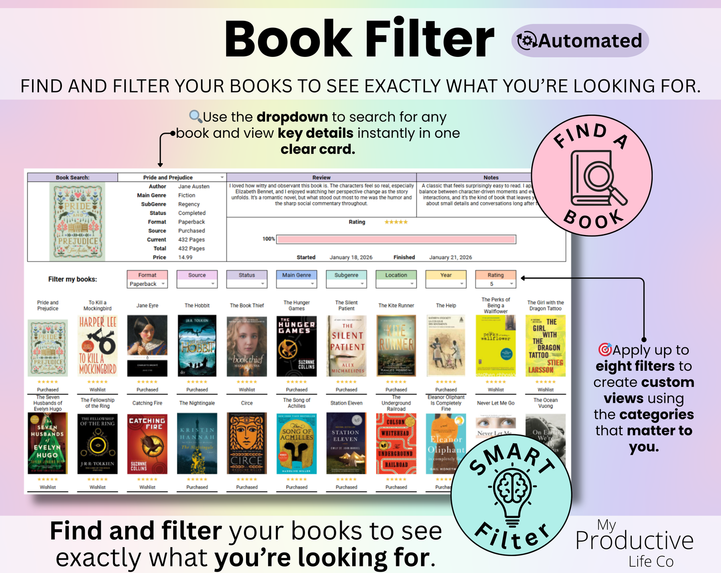 Book Tracker & Reading List Spreadsheet Google Sheets and Excel Book Template