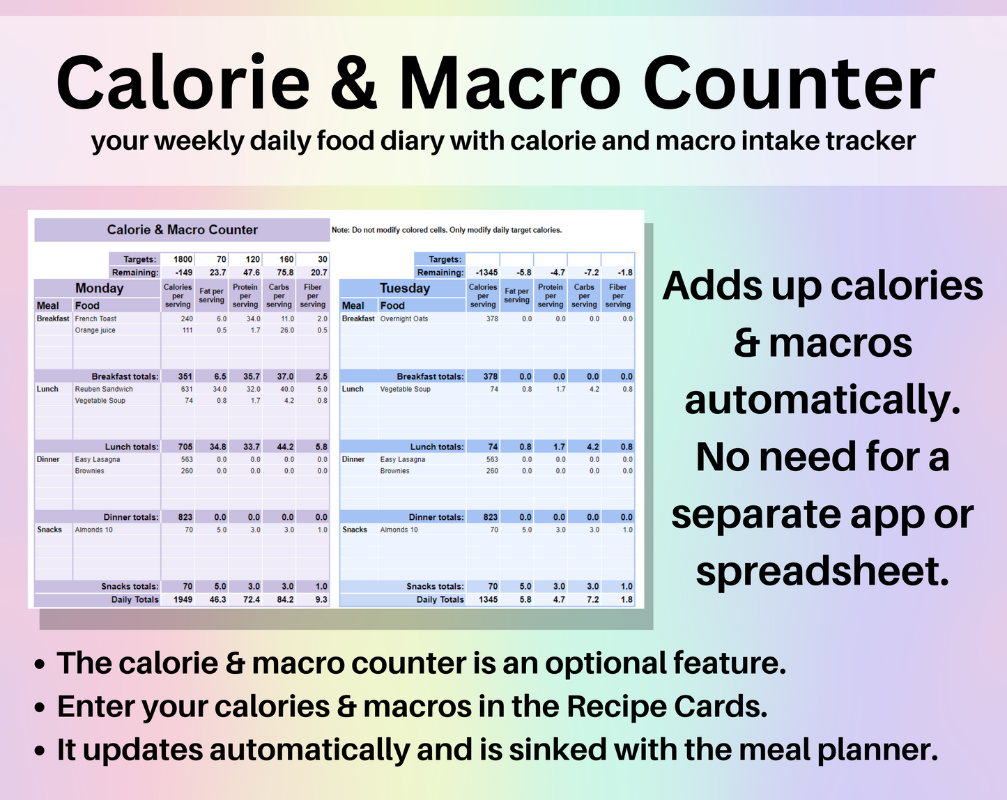 Weekly Meal Planner Spreadsheet Google Sheets and Excel Template