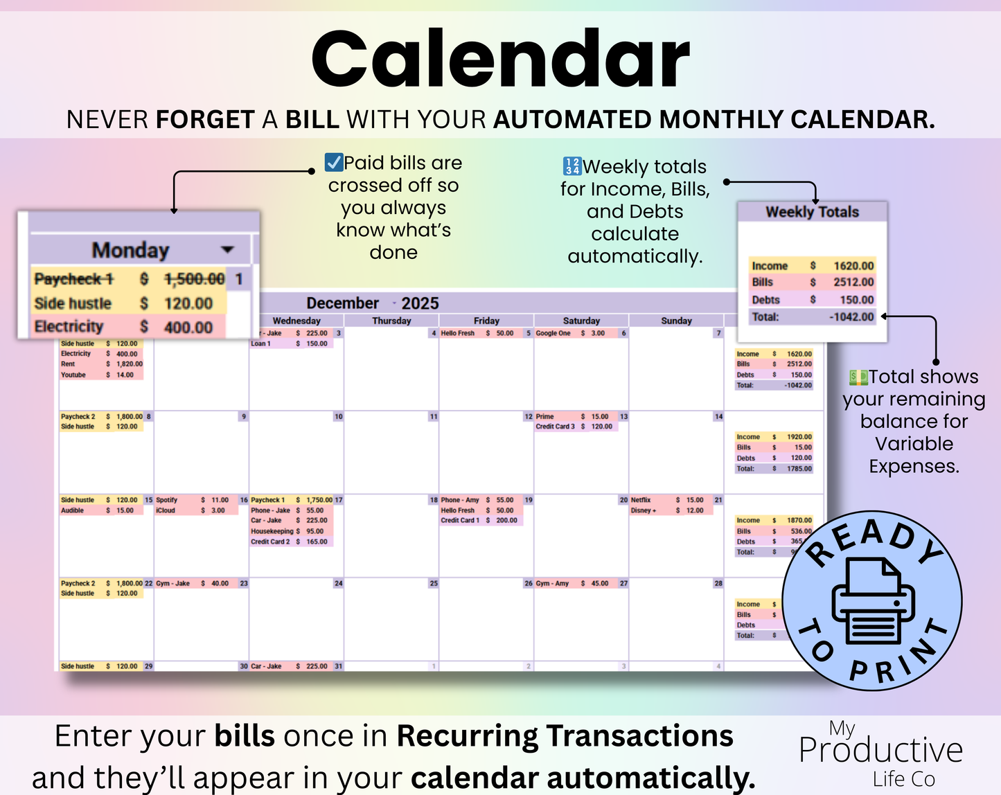 Annual Budget By Paycheck & Monthly Spreadsheet Google Sheets and Excel