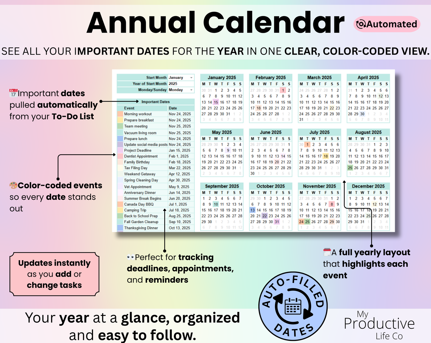 Annual view with color coded events pulled from the To Do List, a full year at a glance layout, automatic updates, and a button labeled Auto Filled Dates.