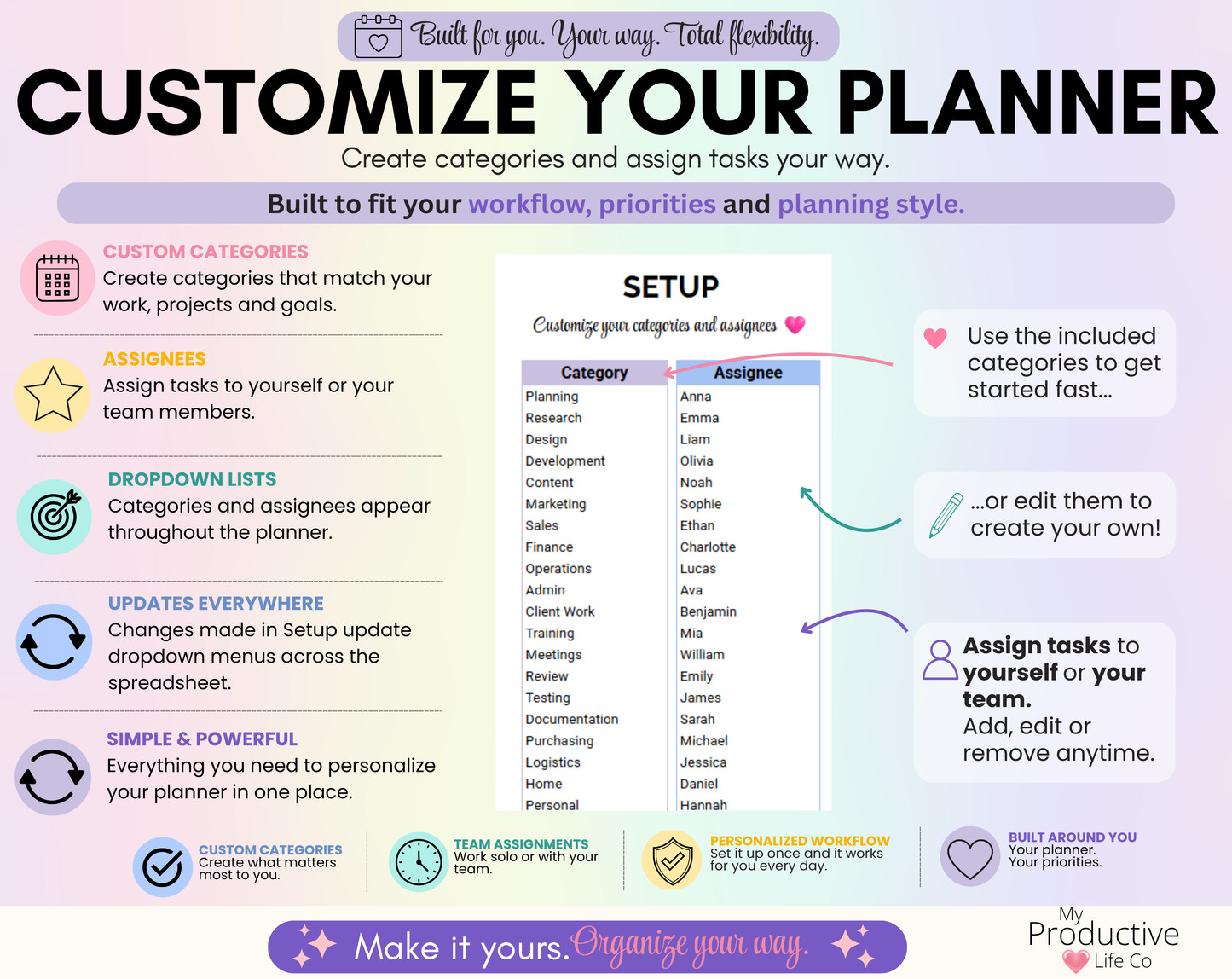 Setup tab where you customize categories and assignees to match your workflow. Changes automatically update dropdown menus throughout the entire spreadsheet