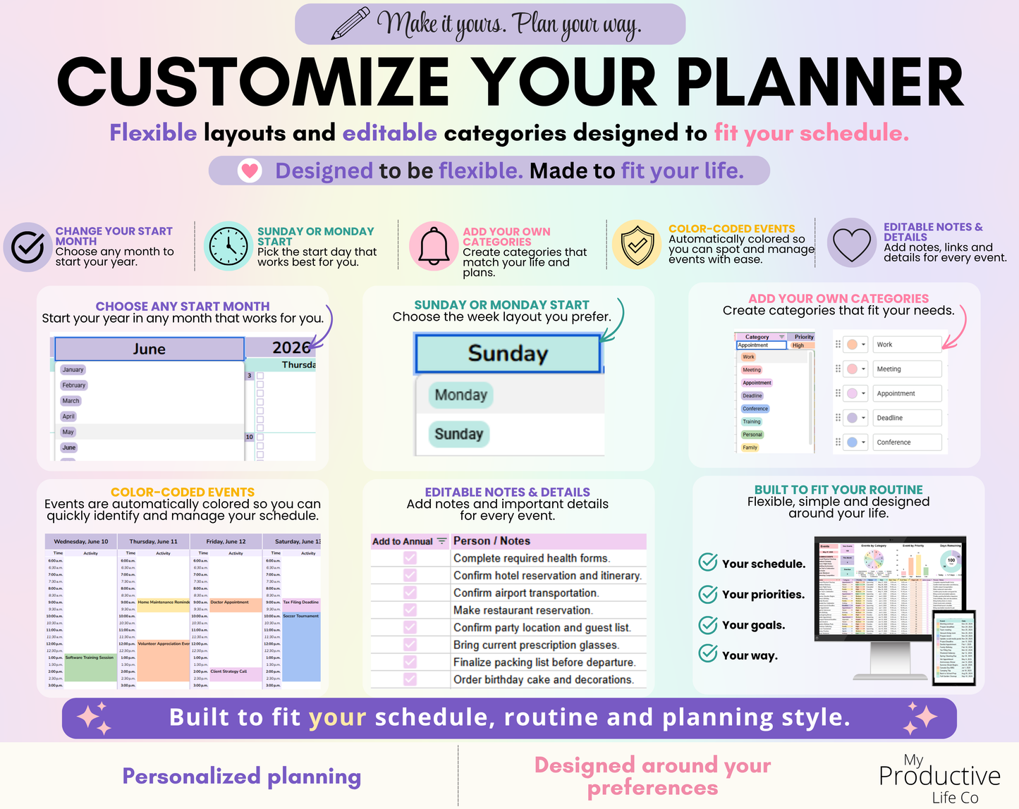Customizable planner features including start month selection, Sunday or Monday start, editable categories, notes and color-coded events designed to fit different planning styles.