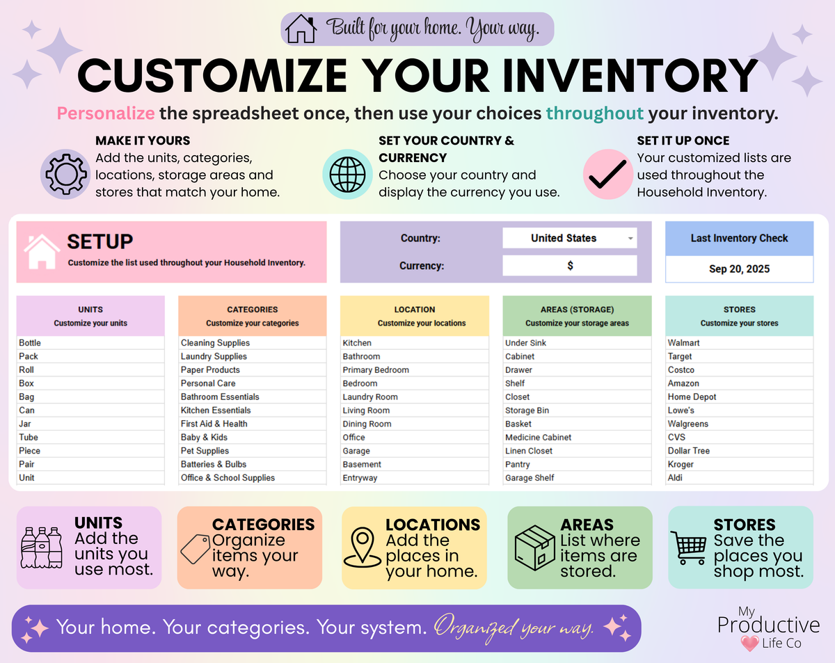 Household inventory setup page for customizing units, categories, locations, storage areas and stores, plus country and currency settings used throughout the spreadsheet.