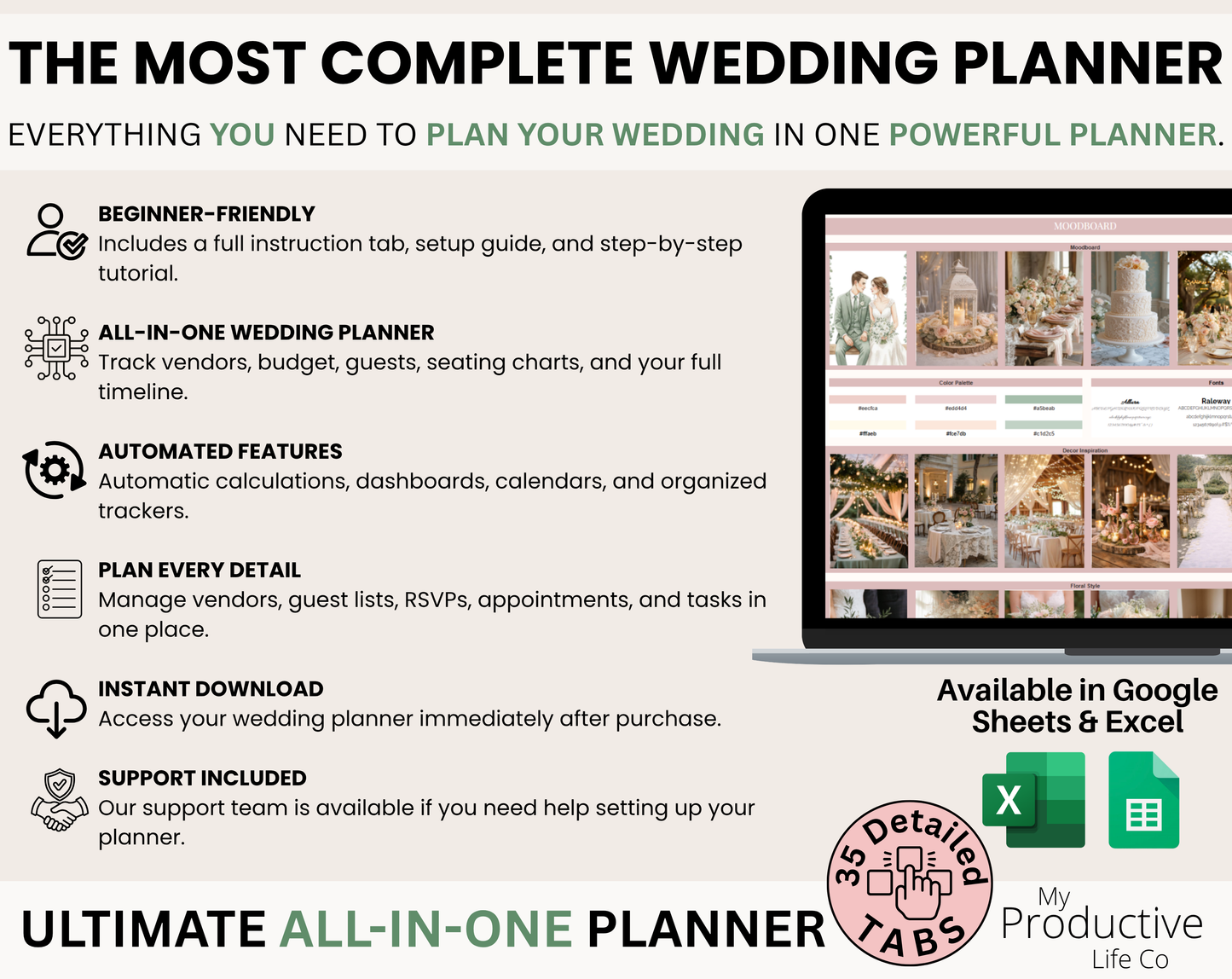 Ultimate Wedding Planner Spreadsheet: Budget, Guest List, Vendors, Timeline (Google Sheets, Excel)