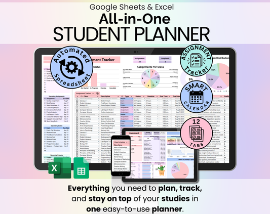 All-in-One Student Planner Google Sheets & Excel Assignment Tracker Template