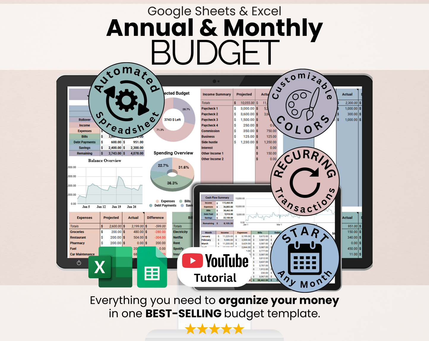 Annual & Monthly Budget Spreadsheet - Google Sheets & Excel Template for Personal Finance