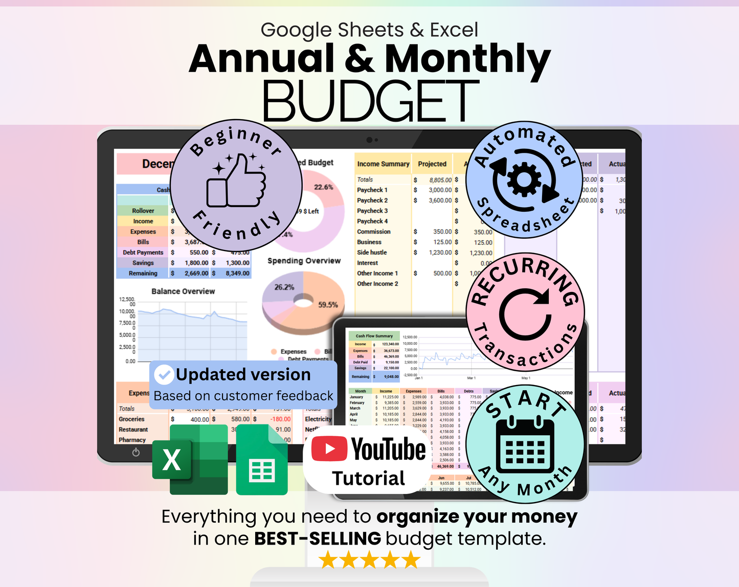 Annual & Monthly Budget Spreadsheet - Google Sheets & Excel Template for Personal Finance