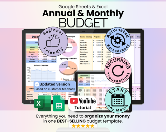Annual & Monthly Budget Spreadsheet - Google Sheets & Excel Template for Personal Finance