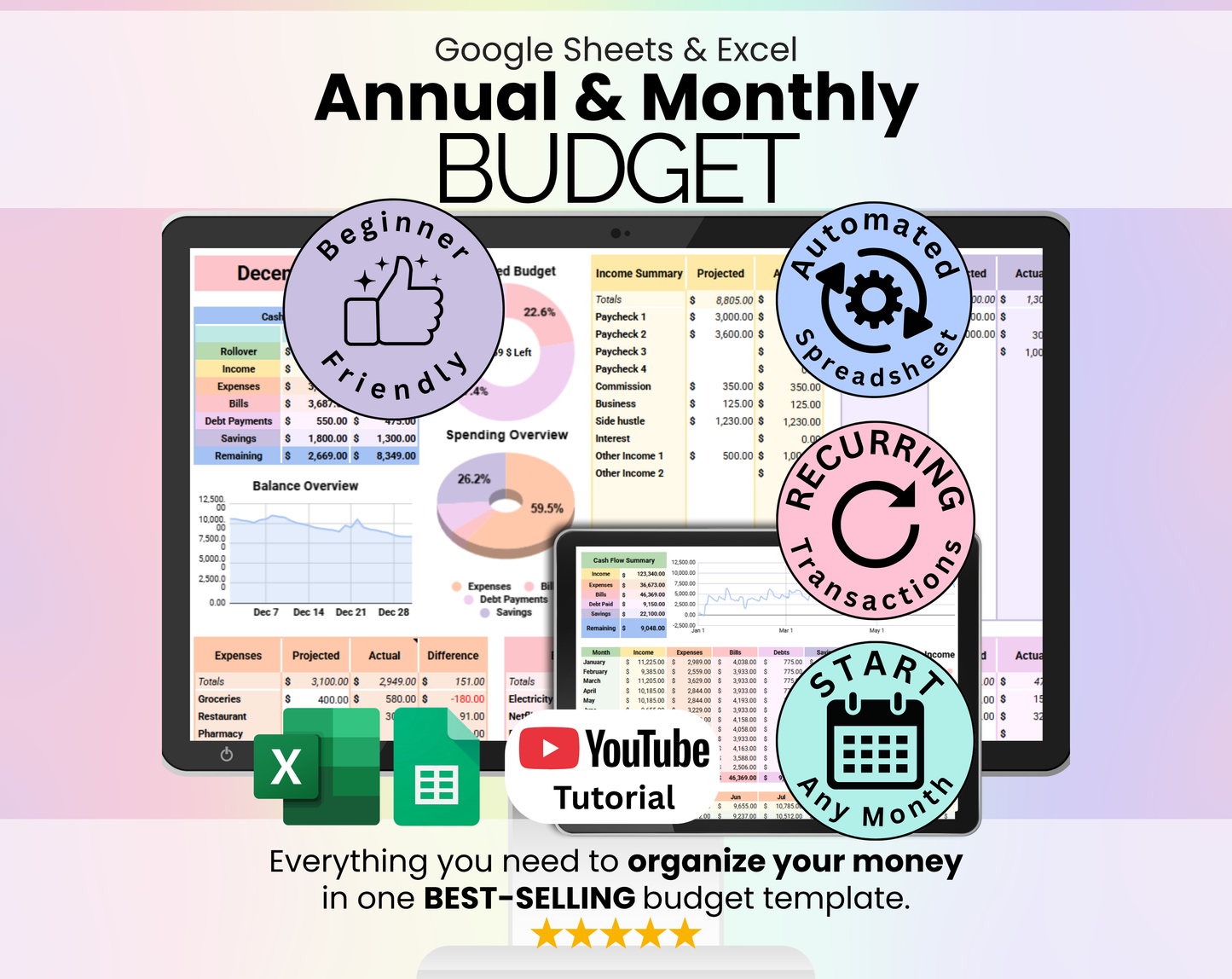 Annual & Monthly Budget Spreadsheet - Google Sheets & Excel Template for Personal Finance