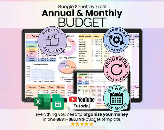Annual & Monthly Budget Spreadsheet - Google Sheets & Excel Template for Personal Finance