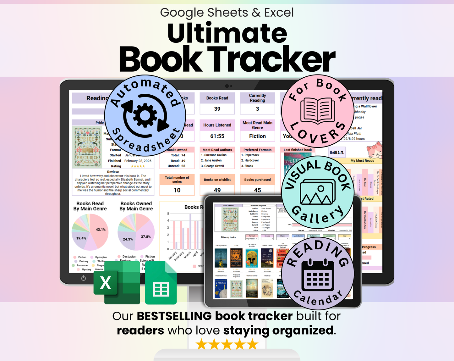 Book Tracker & Reading List Spreadsheet Google Sheets and Excel Book Template