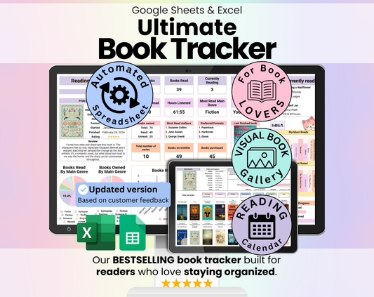 Book Tracker & Reading List Spreadsheet Google Sheets and Excel Book Template