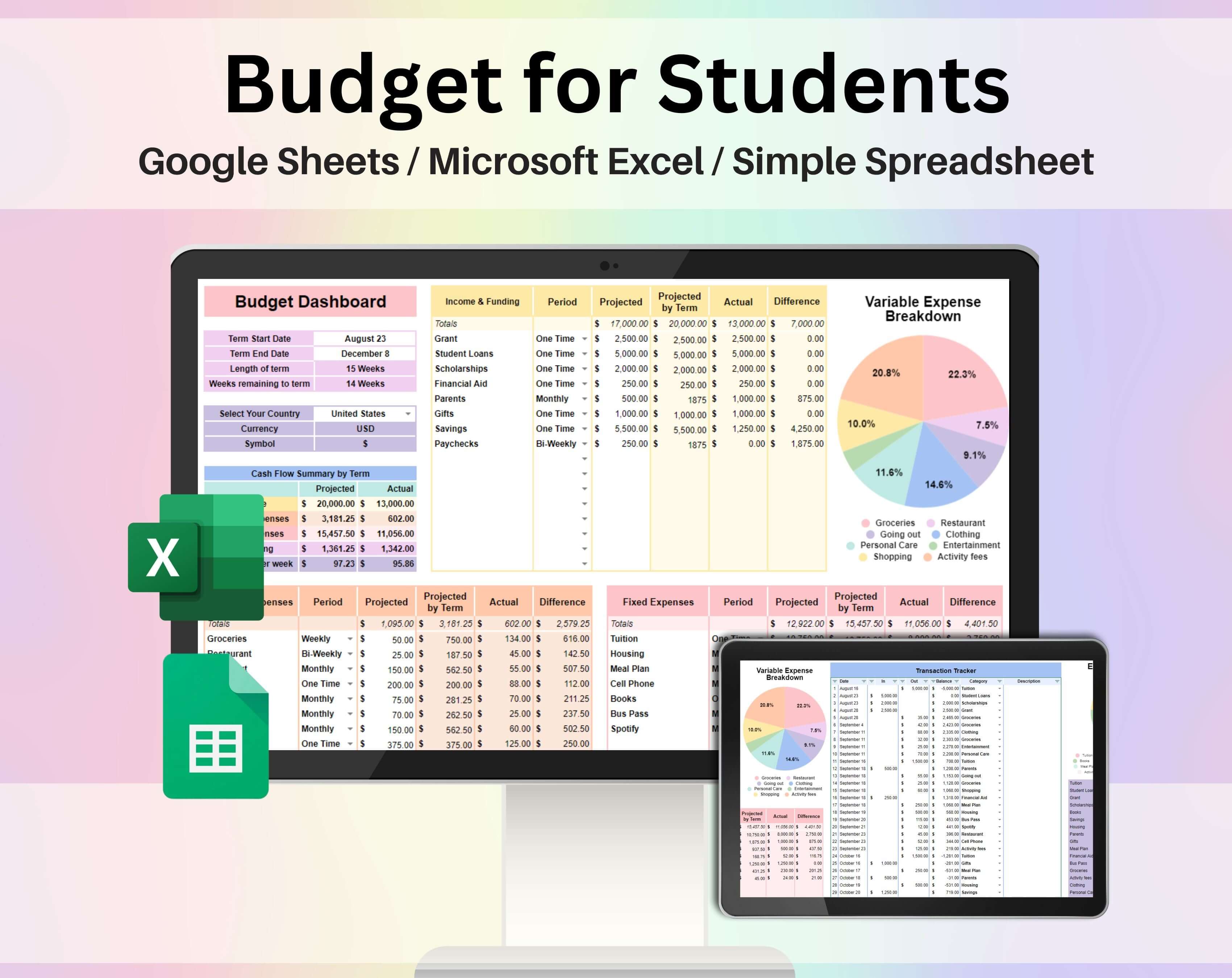 Student Spreadsheet Budget for Students Spreadsheet Google Sheets and Excel Template
