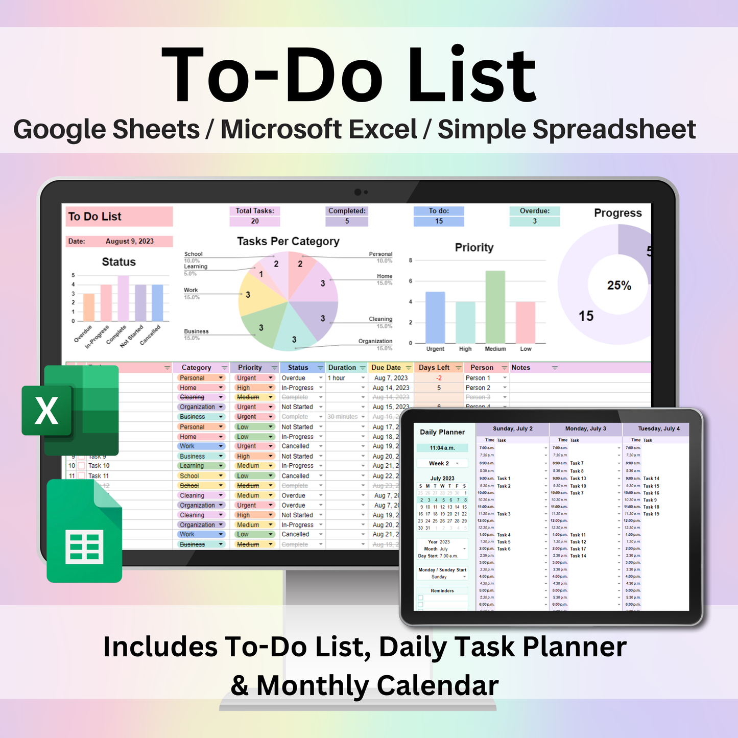 To-Do List Spreadsheet for Google Sheets and Excel