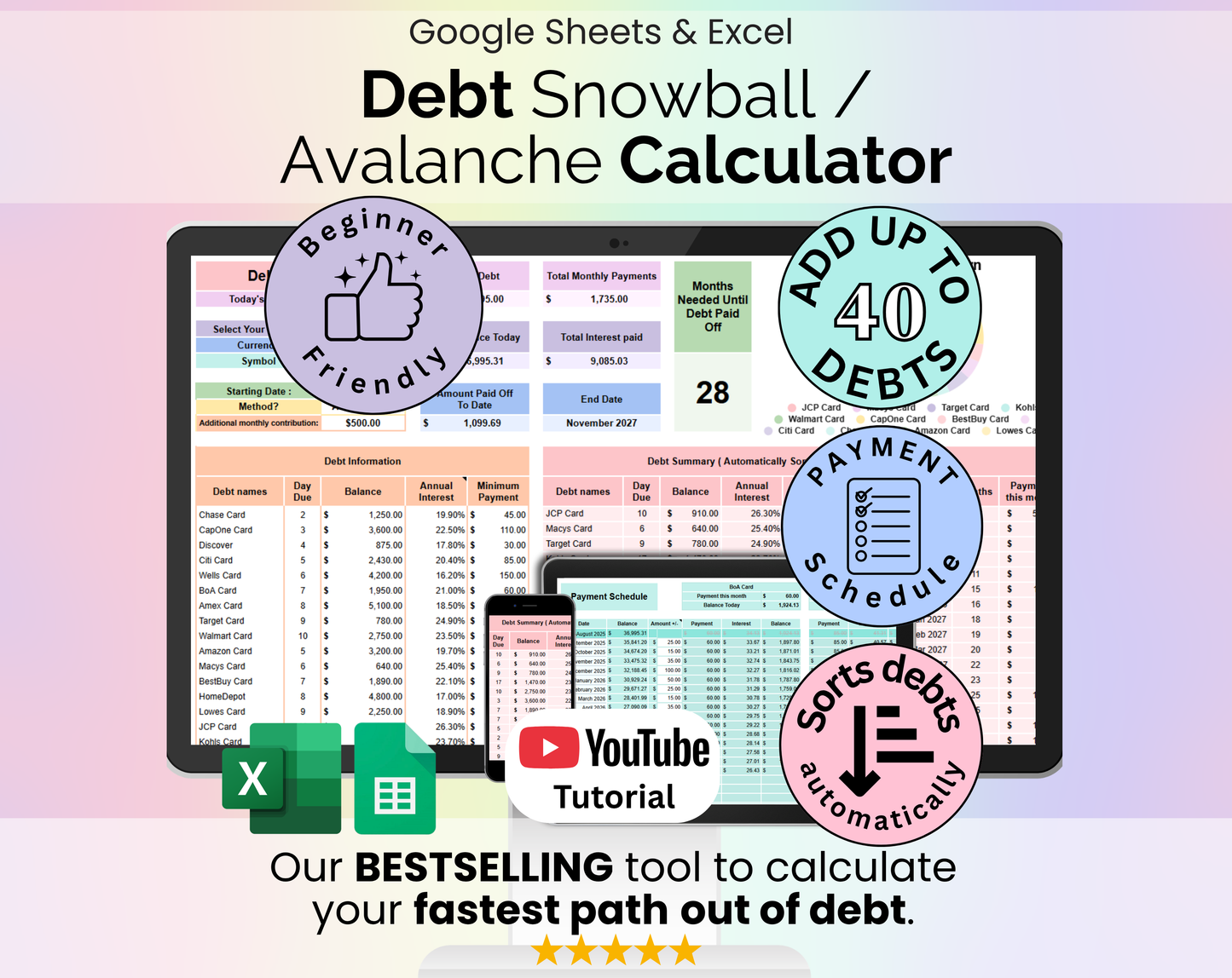 Debt Snowball / Avalanche Calculator Spreadsheet Google Sheets and Excel Template