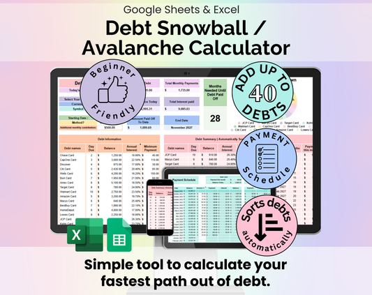 Debt Snowball / Avalanche Calculator Spreadsheet Google Sheets and Excel Template
