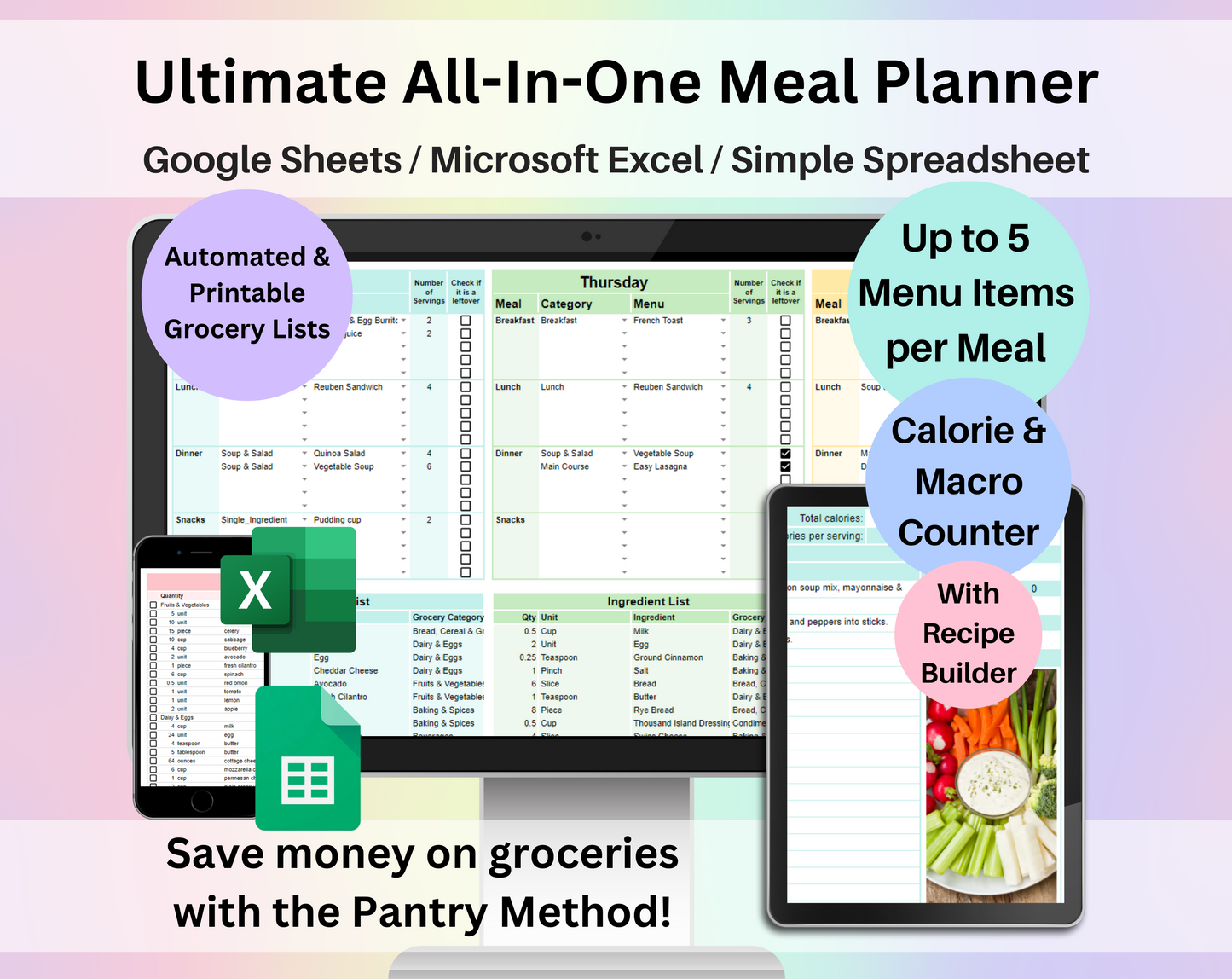 Weekly Meal Planner Spreadsheet Google Sheets and Excel Template