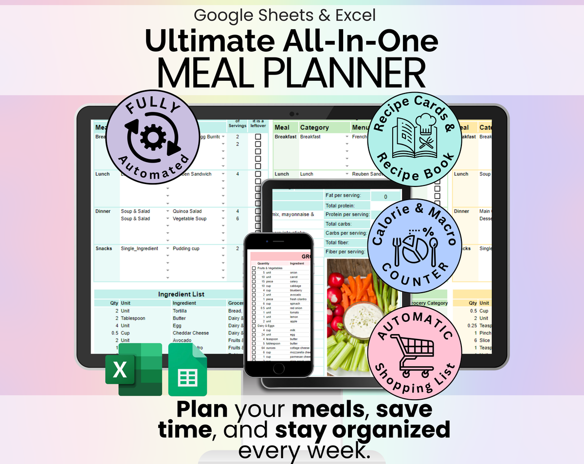 Weekly Meal Planner Spreadsheet Google Sheets and Excel Template