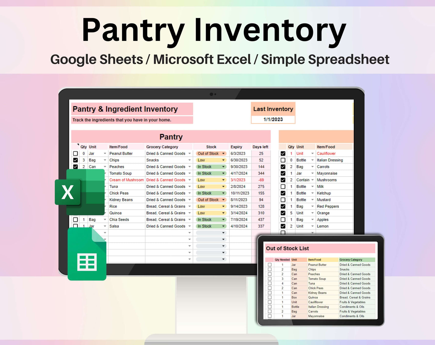 Pantry Inventory Tracker Spreadsheet Google Sheets and Excel Template