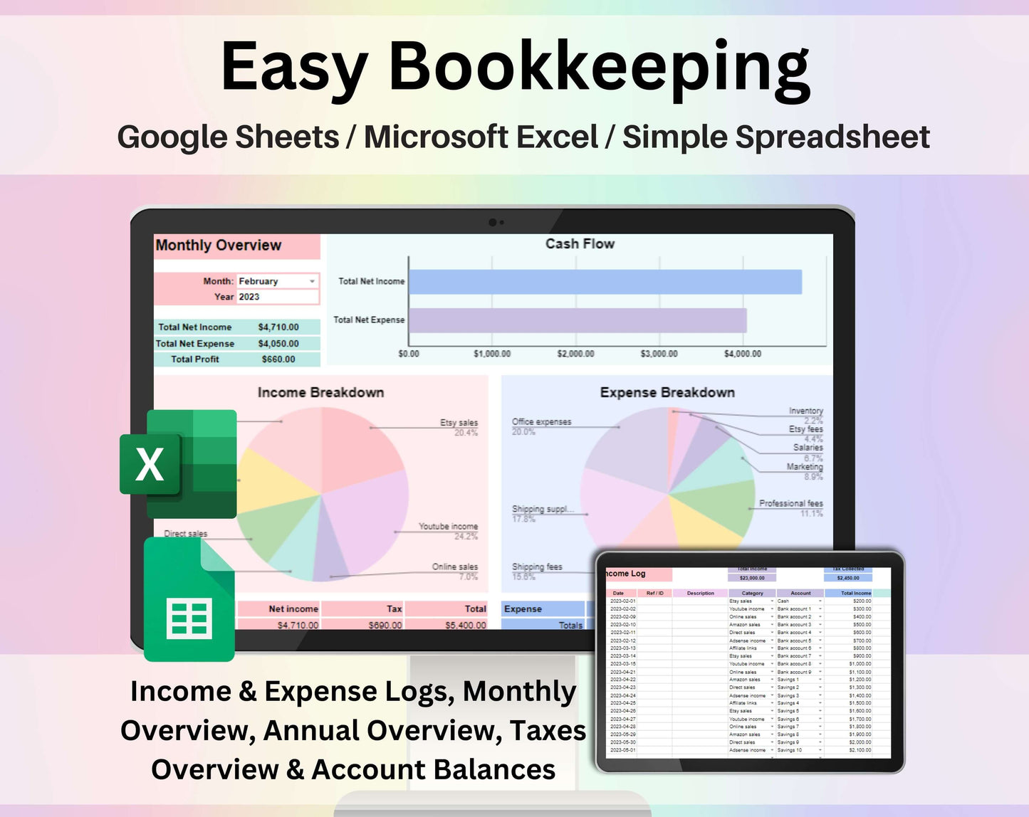 Small Business Bookkeeping Spreadsheet Google Sheets and Excel Template