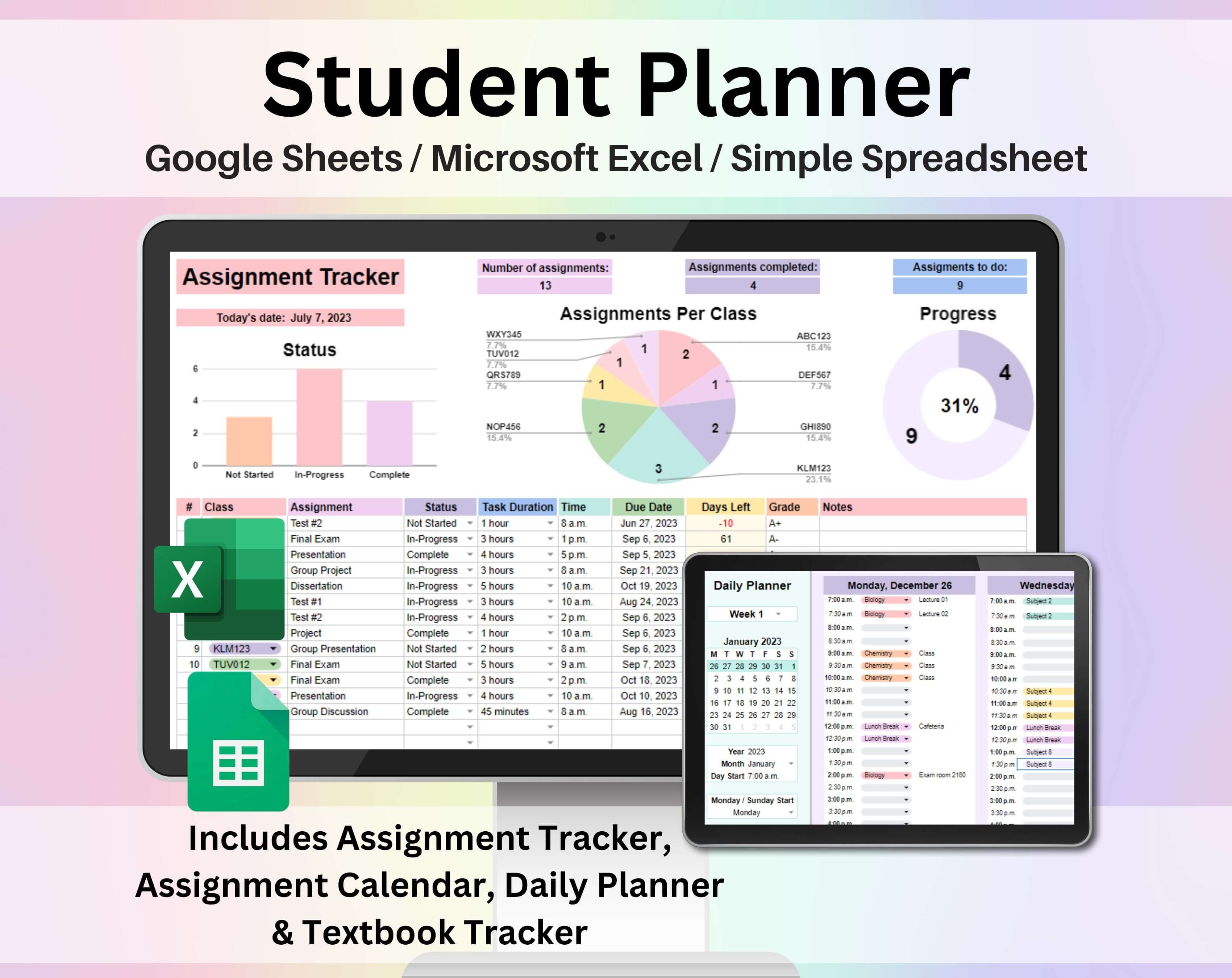 Student Planner & Assignment Tracker Google Sheets and Excel Template