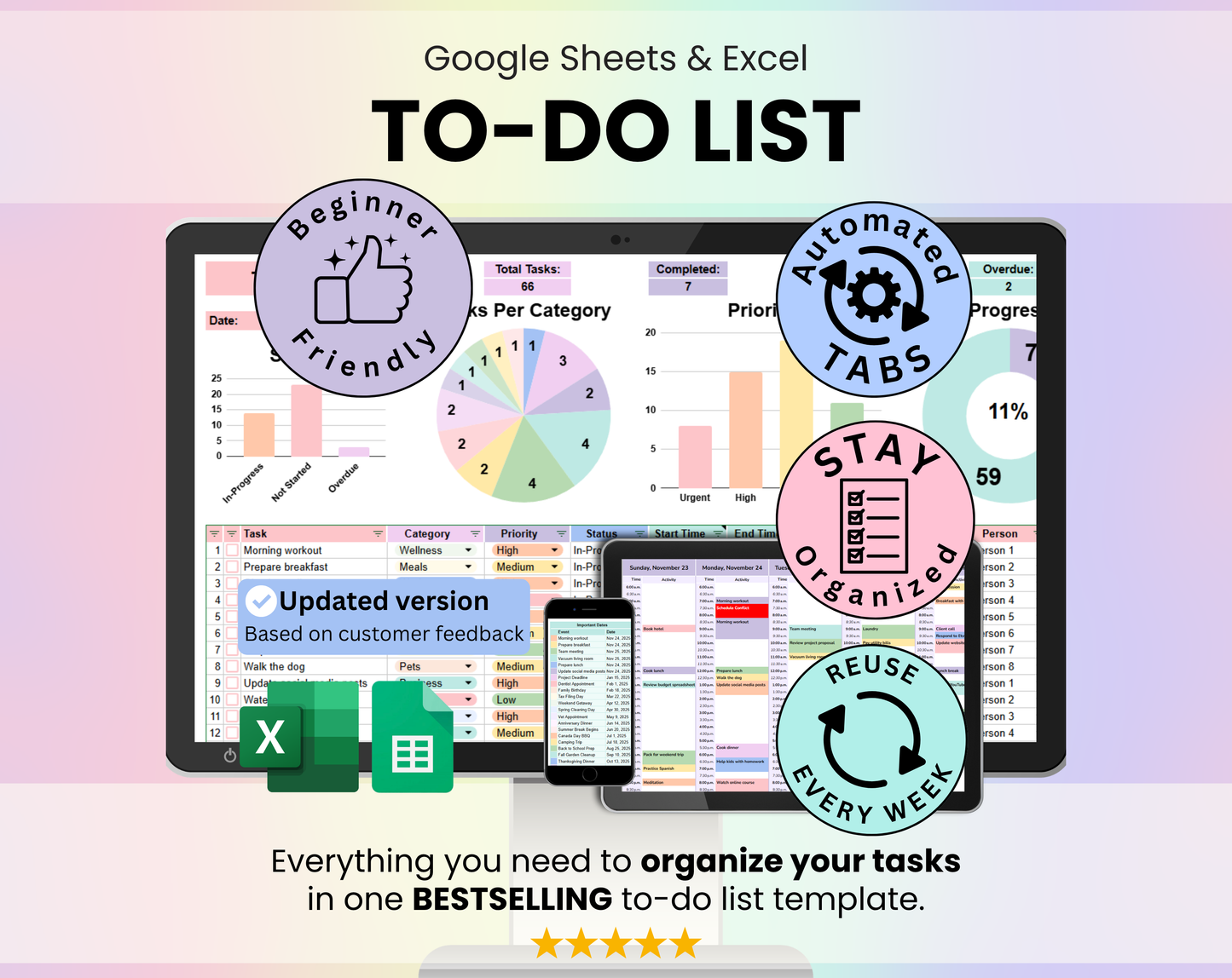 Cover slide showing the title of the To-Do List Spreadsheet with a clean layout and the sentence “Everything you need to stay organized in one bestselling to-do list template.”