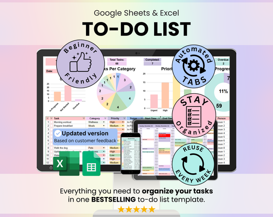 Cover slide showing the title of the To-Do List Spreadsheet with a clean layout and the sentence “Everything you need to stay organized in one bestselling to-do list template.”