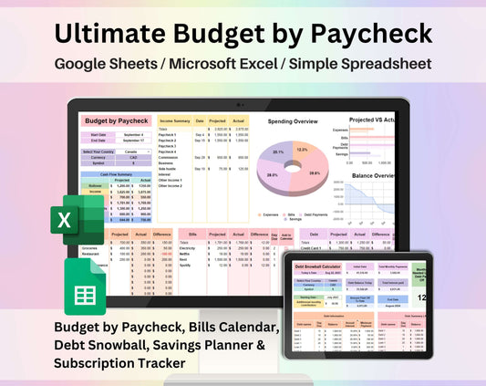 Ultimate Budget by Paycheck Spreadsheet Google Sheets and Excel Template