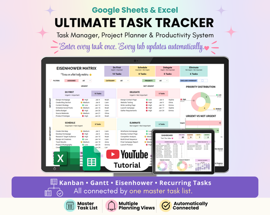 Laptop displaying the Ultimate Task Tracker spreadsheet with preview images of the Dashboard. Text highlights Google Sheets & Excel compatibility, Kanban Board, Gantt Chart, Eisenhower Matrix, calendars, YouTube tutorial, and one connected master task list.