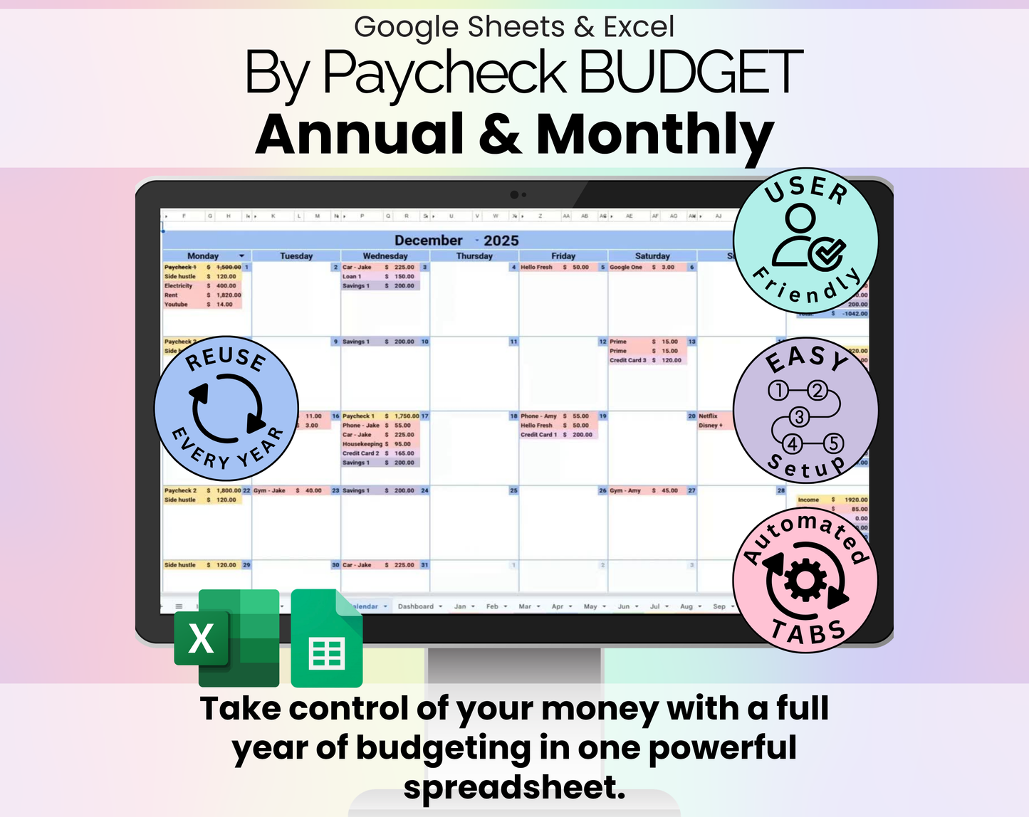 Annual Budget By Paycheck & Monthly Spreadsheet Google Sheets and Excel