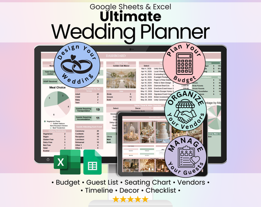 Ultimate Wedding Planner Spreadsheet: Budget, Guest List, Vendors, Timeline (Google Sheets, Excel)