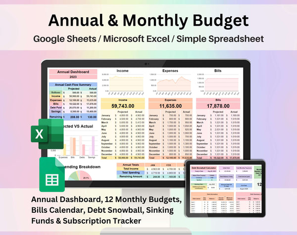 Annual & Monthly Budget Spreadsheet | Excel & Google Sheets