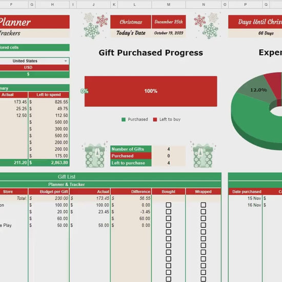 Christmas Planner Budget Spreadsheet Google Sheets Excel Template Digital Gift & Holiday Expense Budgeting Stocking Card Tracker Calendar