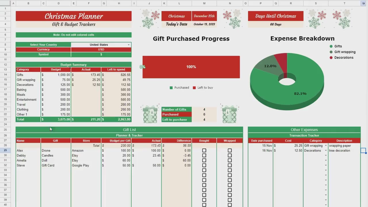 Christmas Planner Budget Spreadsheet Google Sheets Excel Template Digital Gift & Holiday Expense Budgeting Stocking Card Tracker Calendar