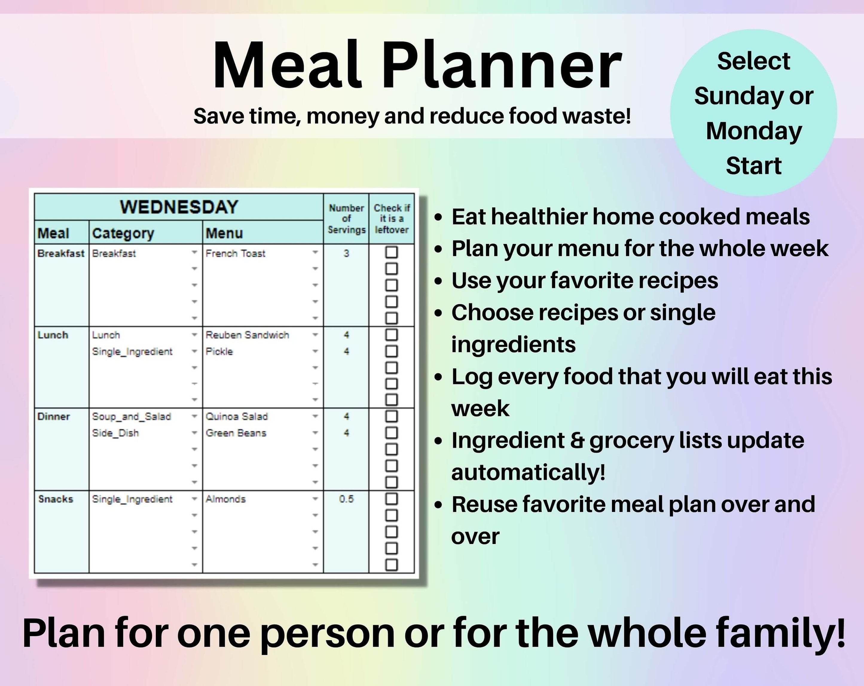 Weekly Meal Planner Spreadsheet Google Sheets and Excel Template
