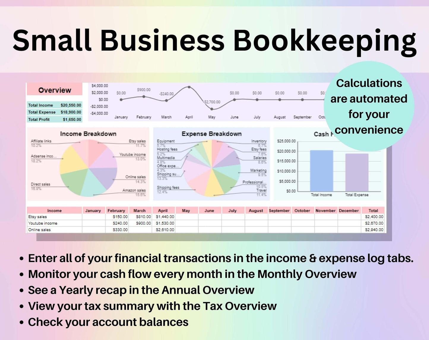 Small Business Bookkeeping Spreadsheet Google Sheets Excel Template Digital Income Expense Tracker Account Balance Financial Sales Overview