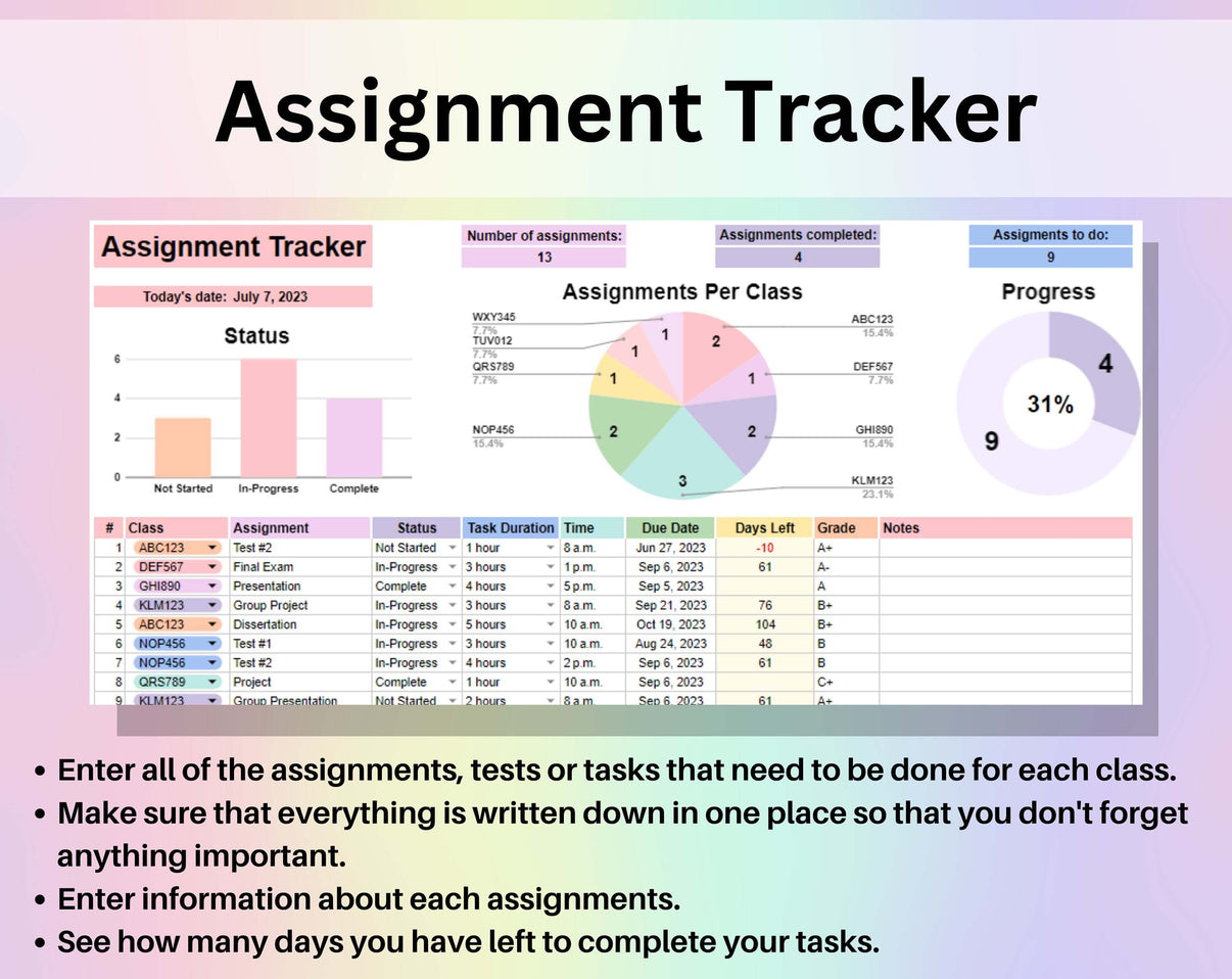 Student Planner & Assignment Tracker Google Sheets and Excel Template