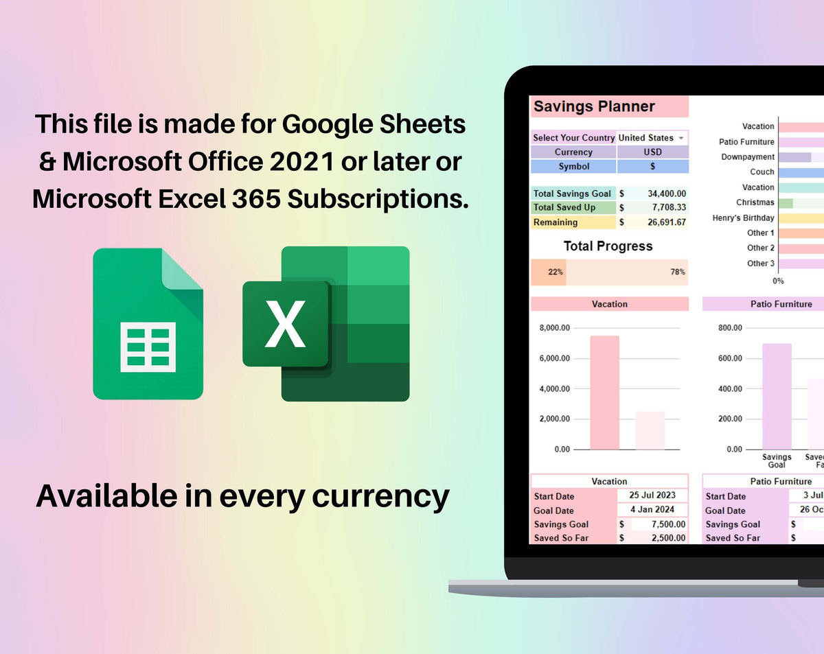 Savings Planner Tracker Spreadsheet Google Sheets and Excel Template