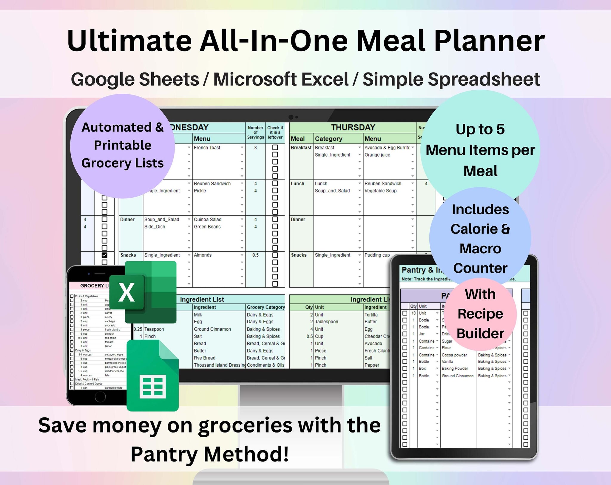 Weekly Meal Planner Spreadsheet Google Sheets and Excel Template